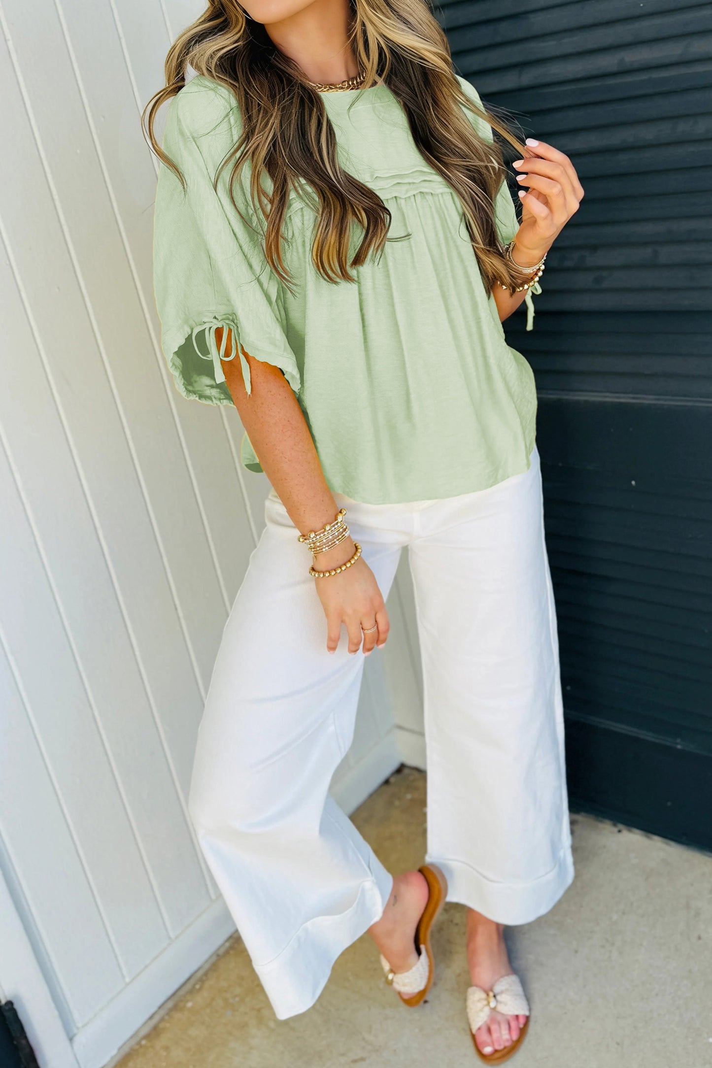 Mist Blue Tie Half Sleeve Pleated Detail Babydoll Blouse