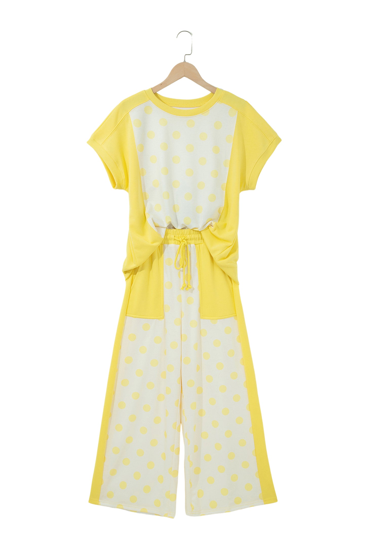 Yellow Color Block Patchwork Polka Dot Wide Leg Pant Set
