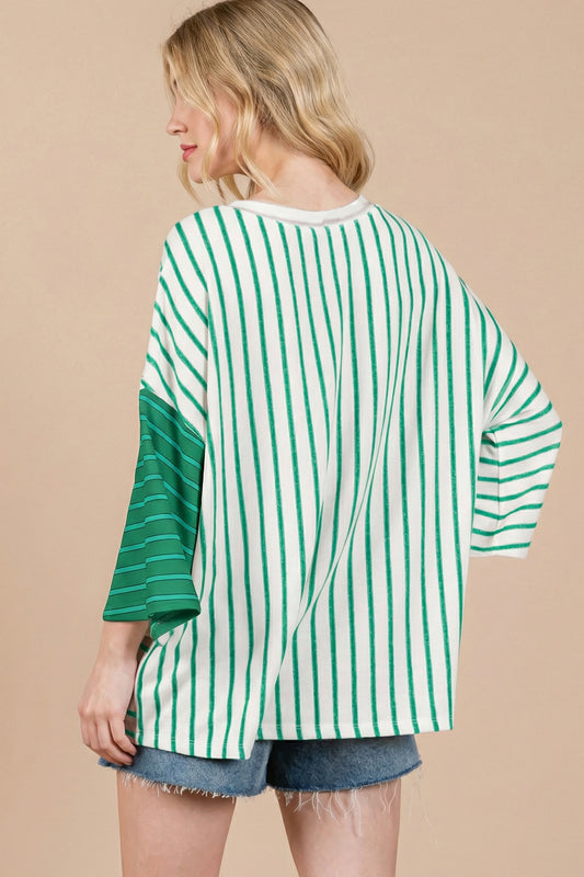 Green Stripe Colorblock 3/4 Sleeve Loose T Shirt