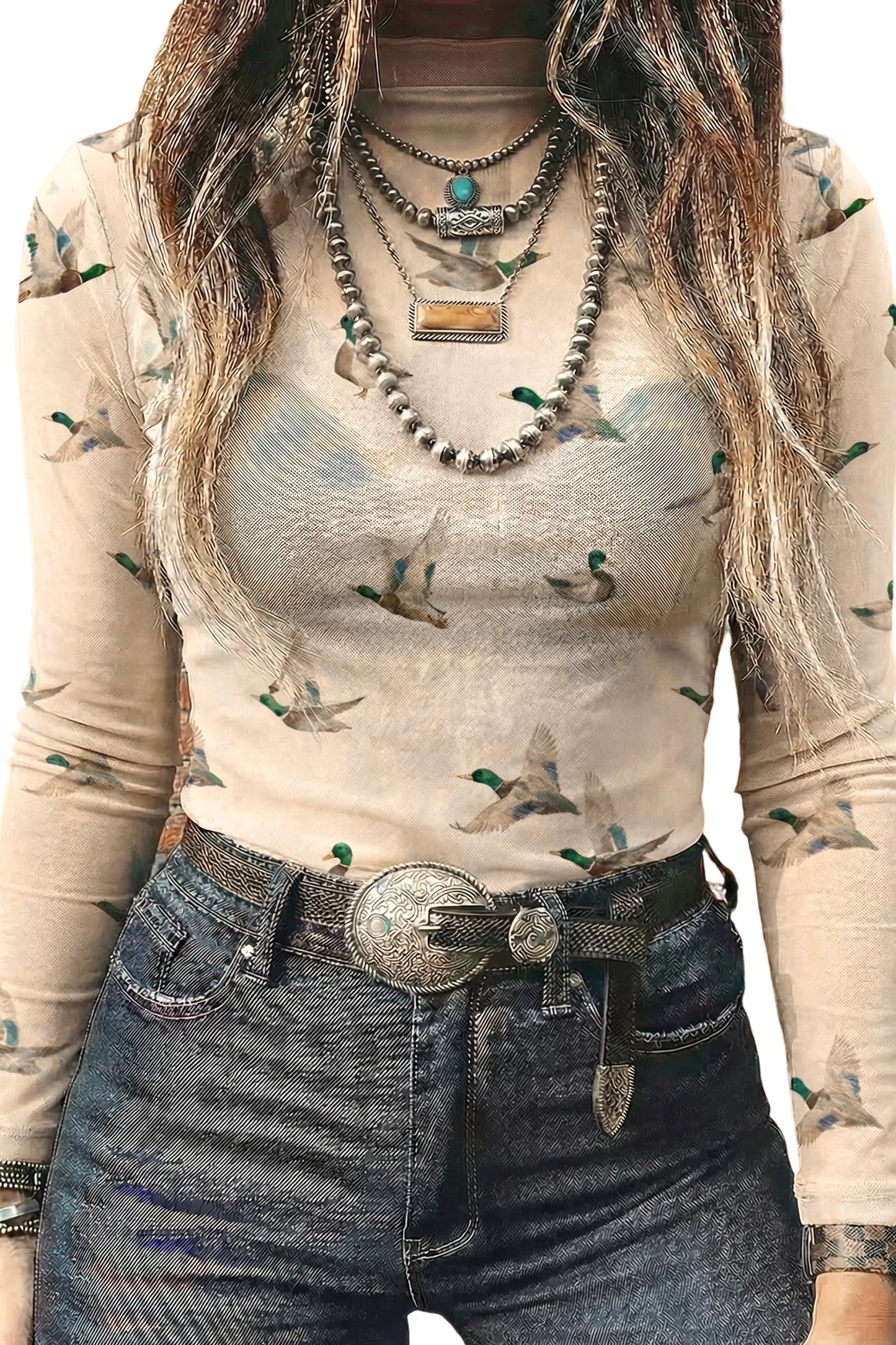 Beige Western Print Mesh High Neck Long Sleeve Sheath Top