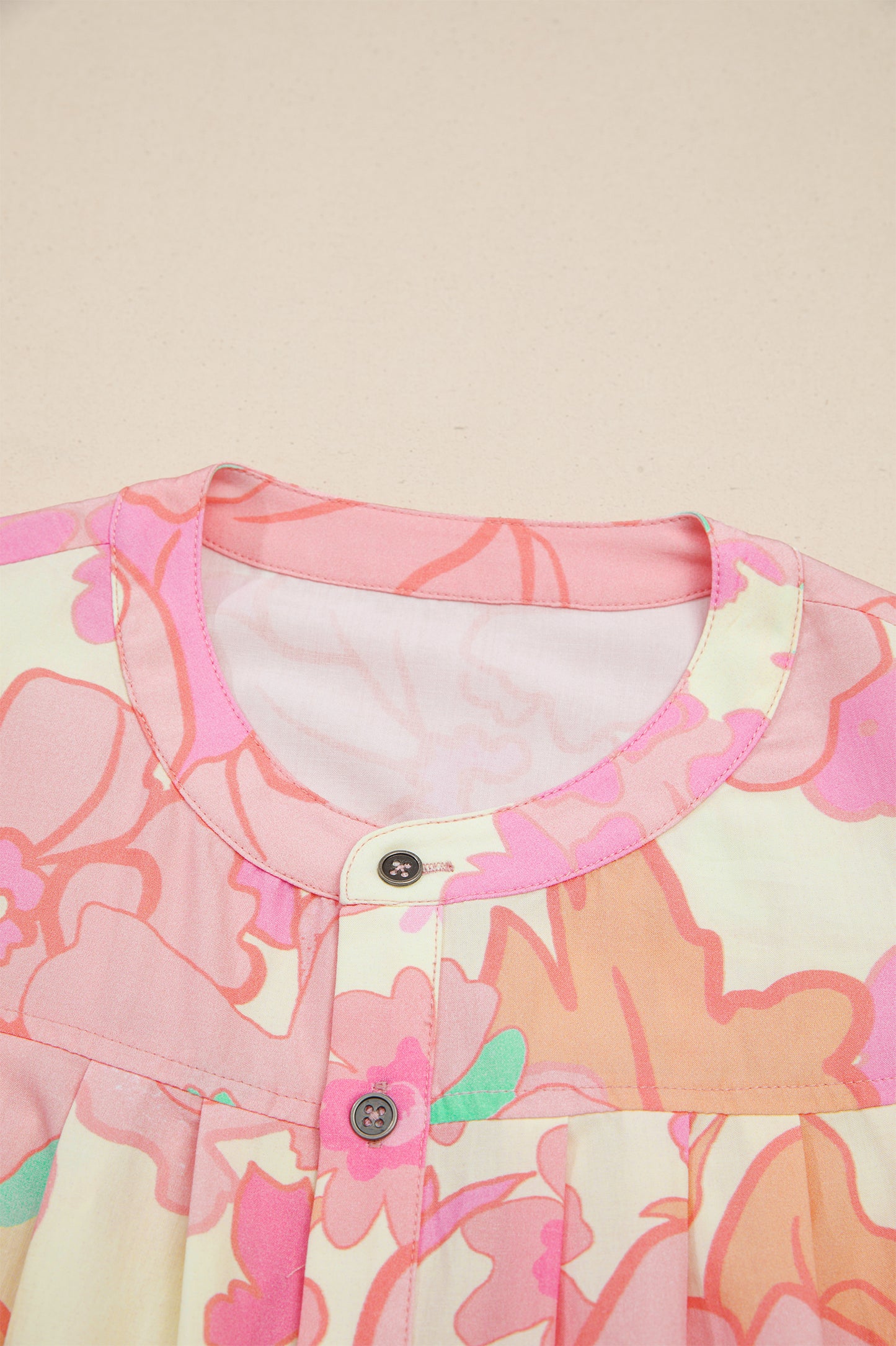 Pink Floral Print Button Down Pintuck Short Sleeve Shirt
