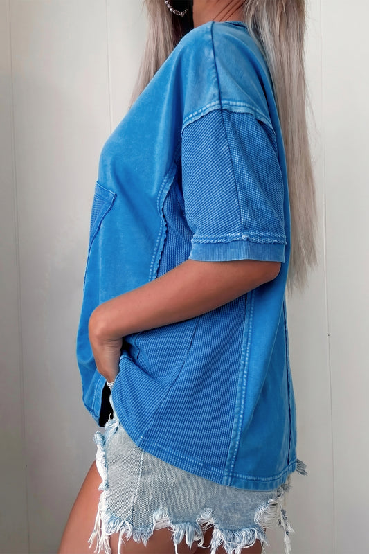 Blue Mineral Wash Star Mesh Patchwork Oversize Tee