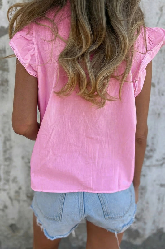 Bonbon Lace Detail Flutter Sleeve Pleated Round Neck Blouse