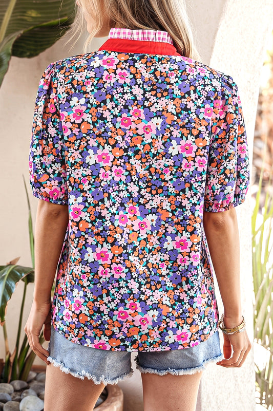 Purple Ditsy Floral Print Plaid Colorblock Trim V Neck Blouse