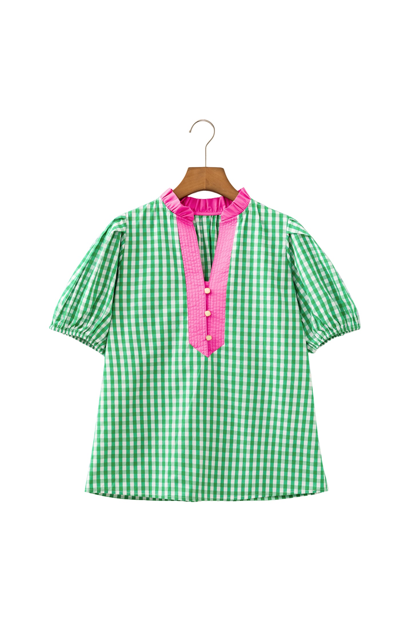 Green Gingham Plaid Bubble Sleeve Colorblock Trim V Neck Blouse