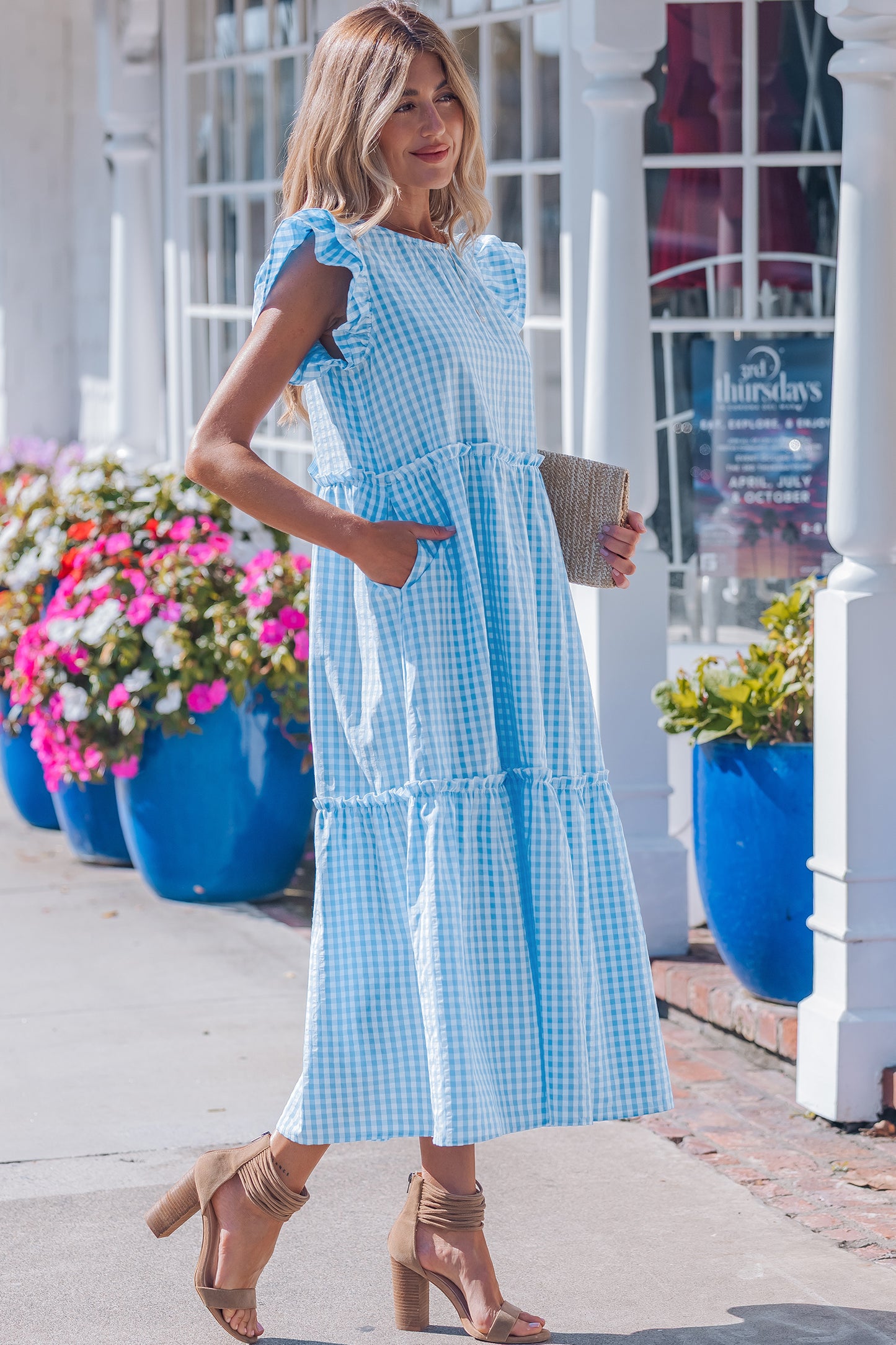 Sky Blue Knot Back Ruffled Short Sleeve Gingham Maxi Dress