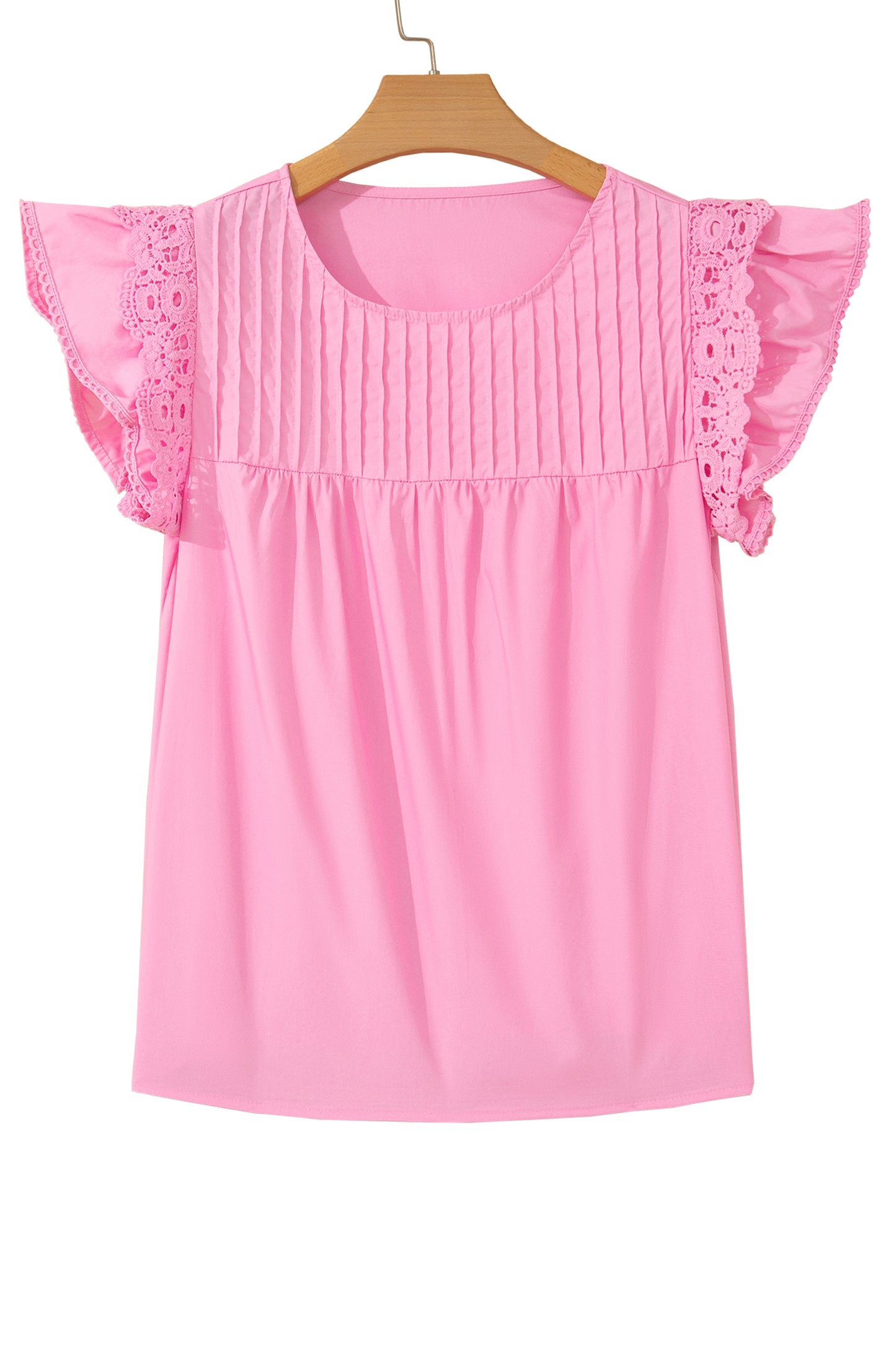 Bonbon Lace Detail Flutter Sleeve Pleated Round Neck Blouse