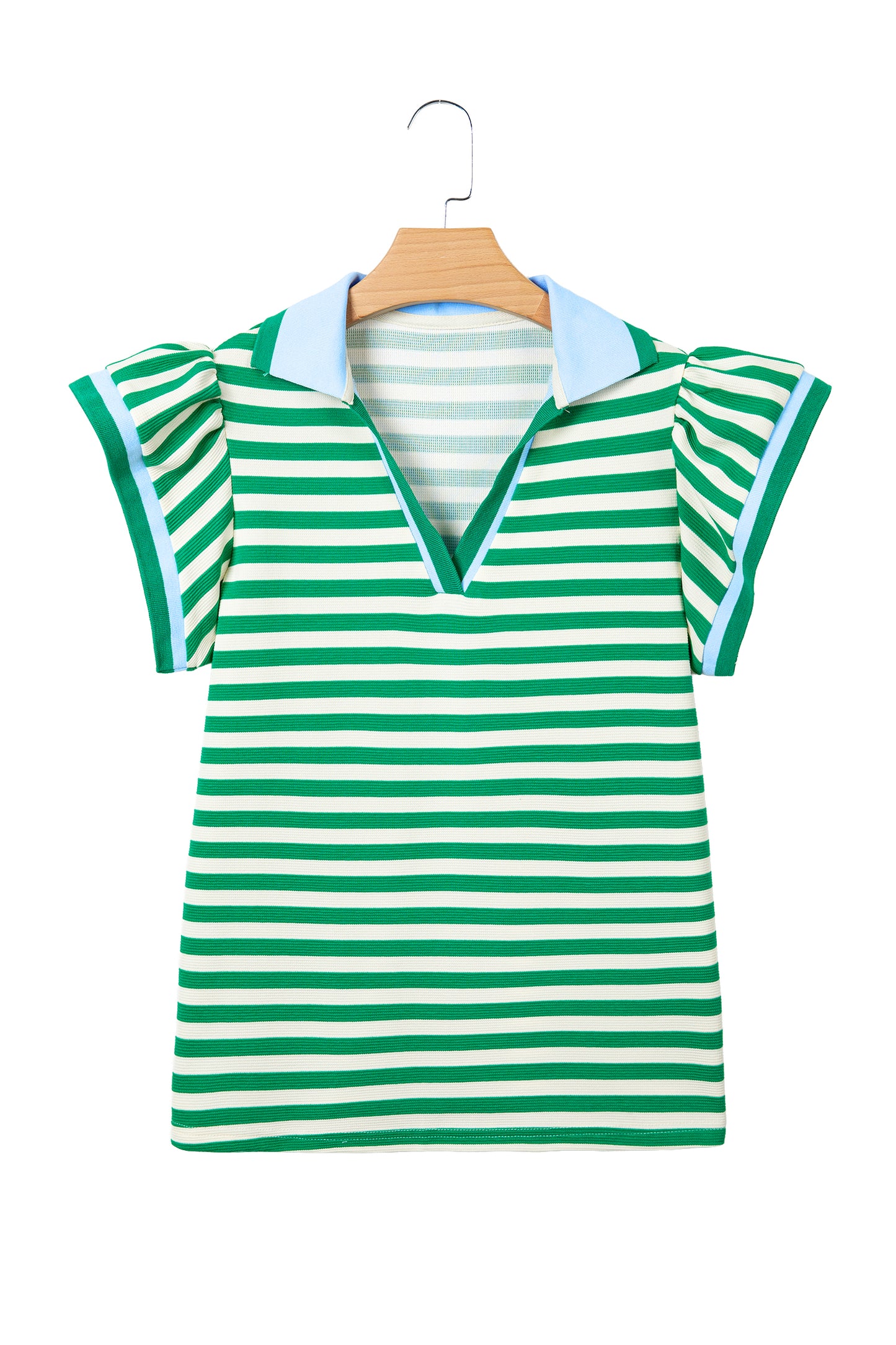 Blue Stripe Contrast Trim Polo Collar Ruffled Short Sleeve Blouse