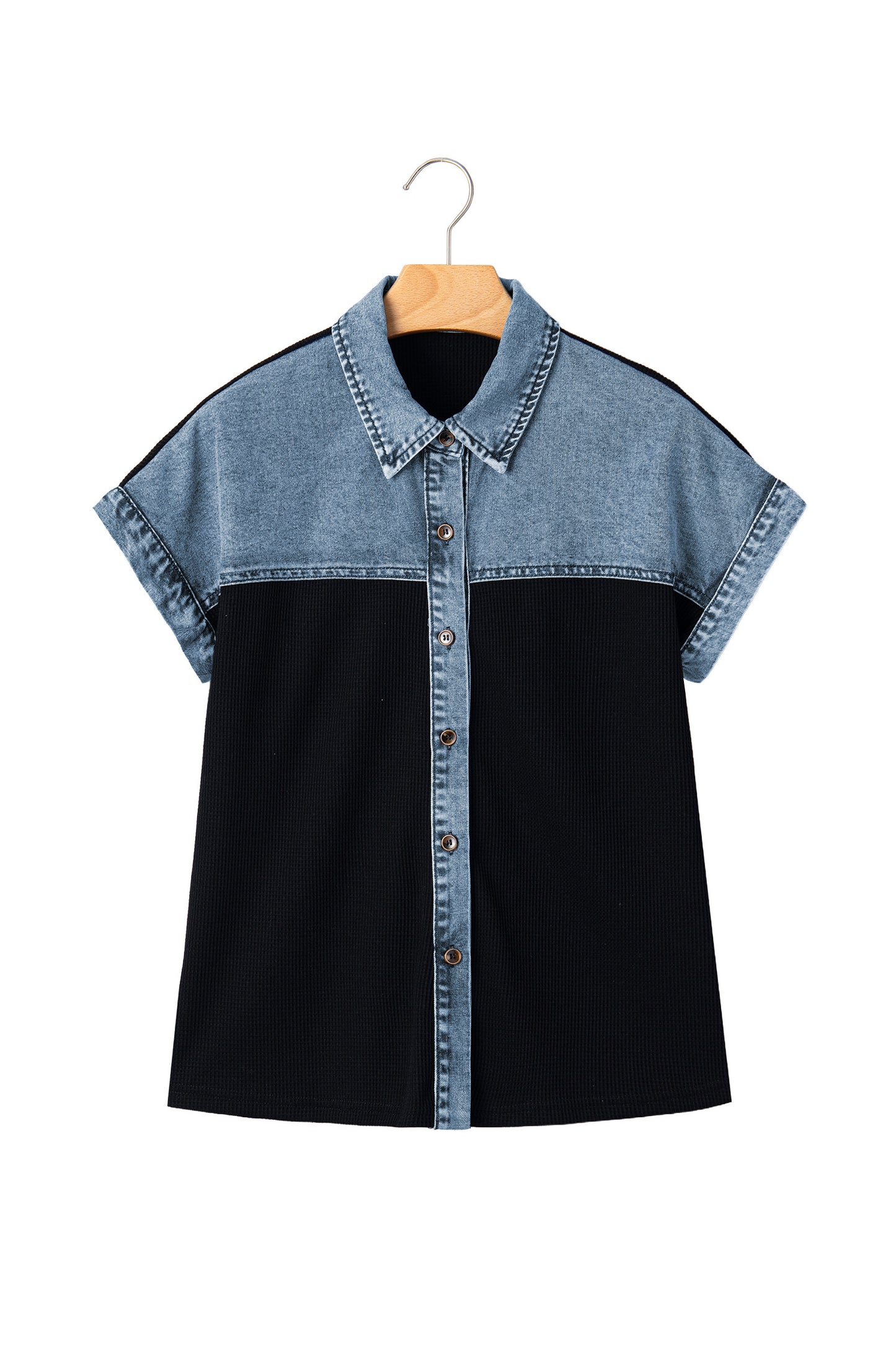 Black Textured Knit Denim Color Block Patchwork Collar Button Down Shirt