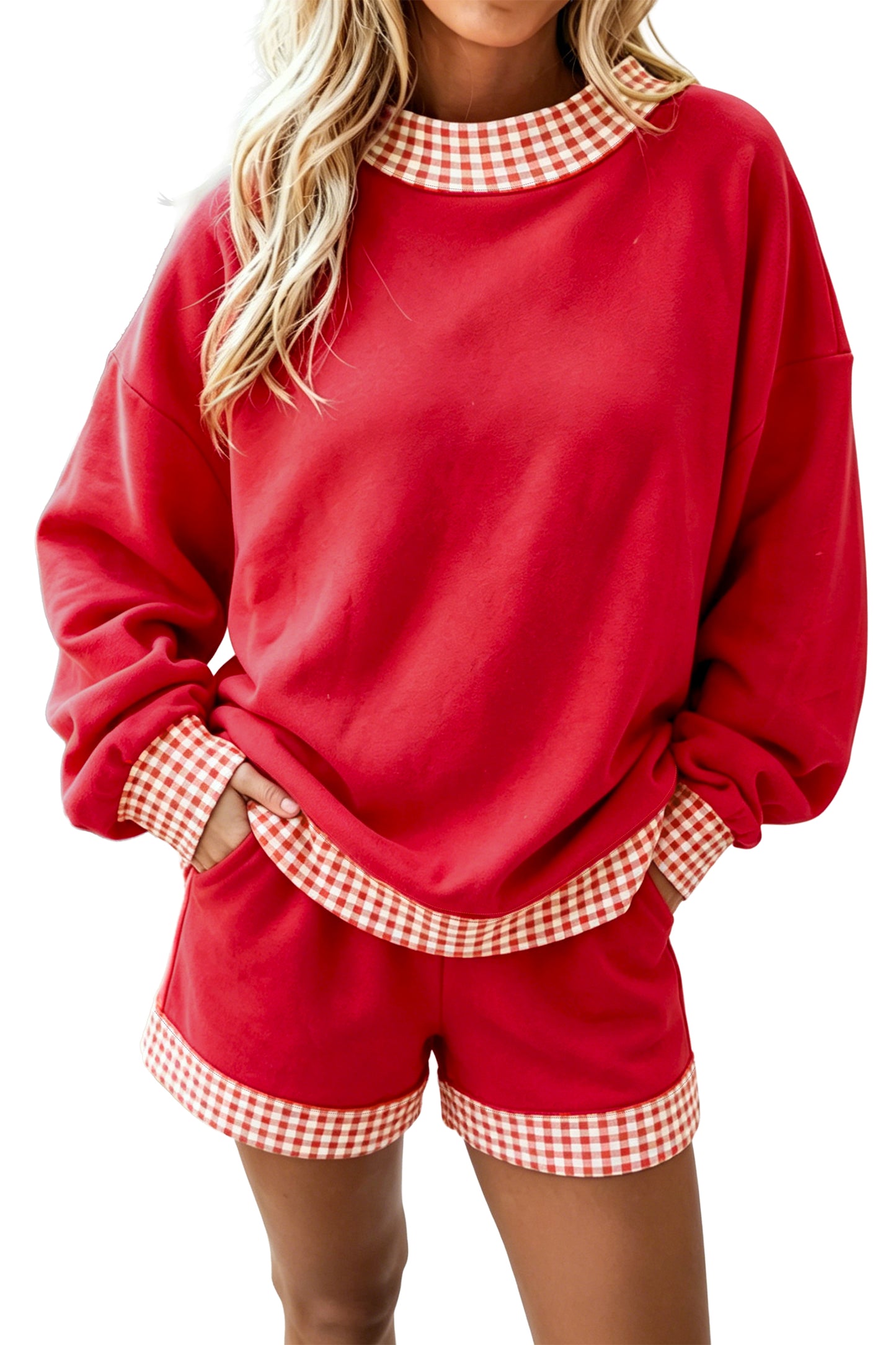 Fiery Red Gingham Trim Baggy Pullover 2pcs Short Set
