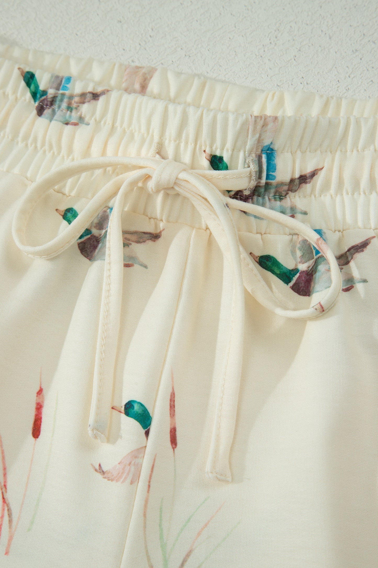 Beige Mallard Duck Print Oversized Tee Drawstring Short Set