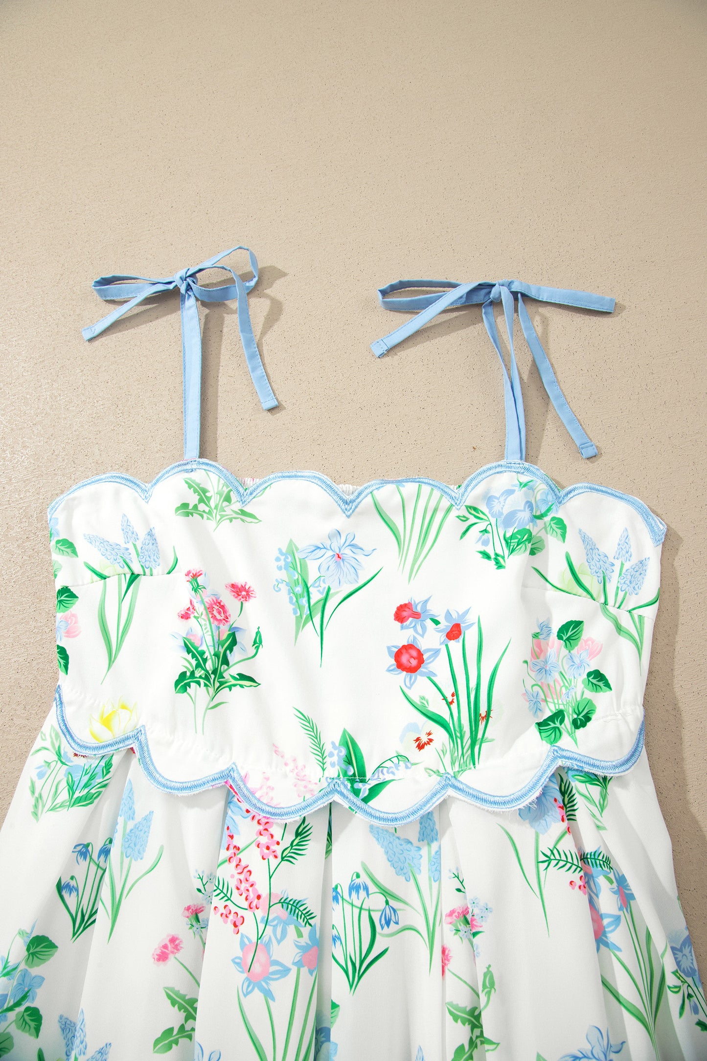 Yellow Floral Print Contrast Trim Self-tie Straps High Waist Midi Dress