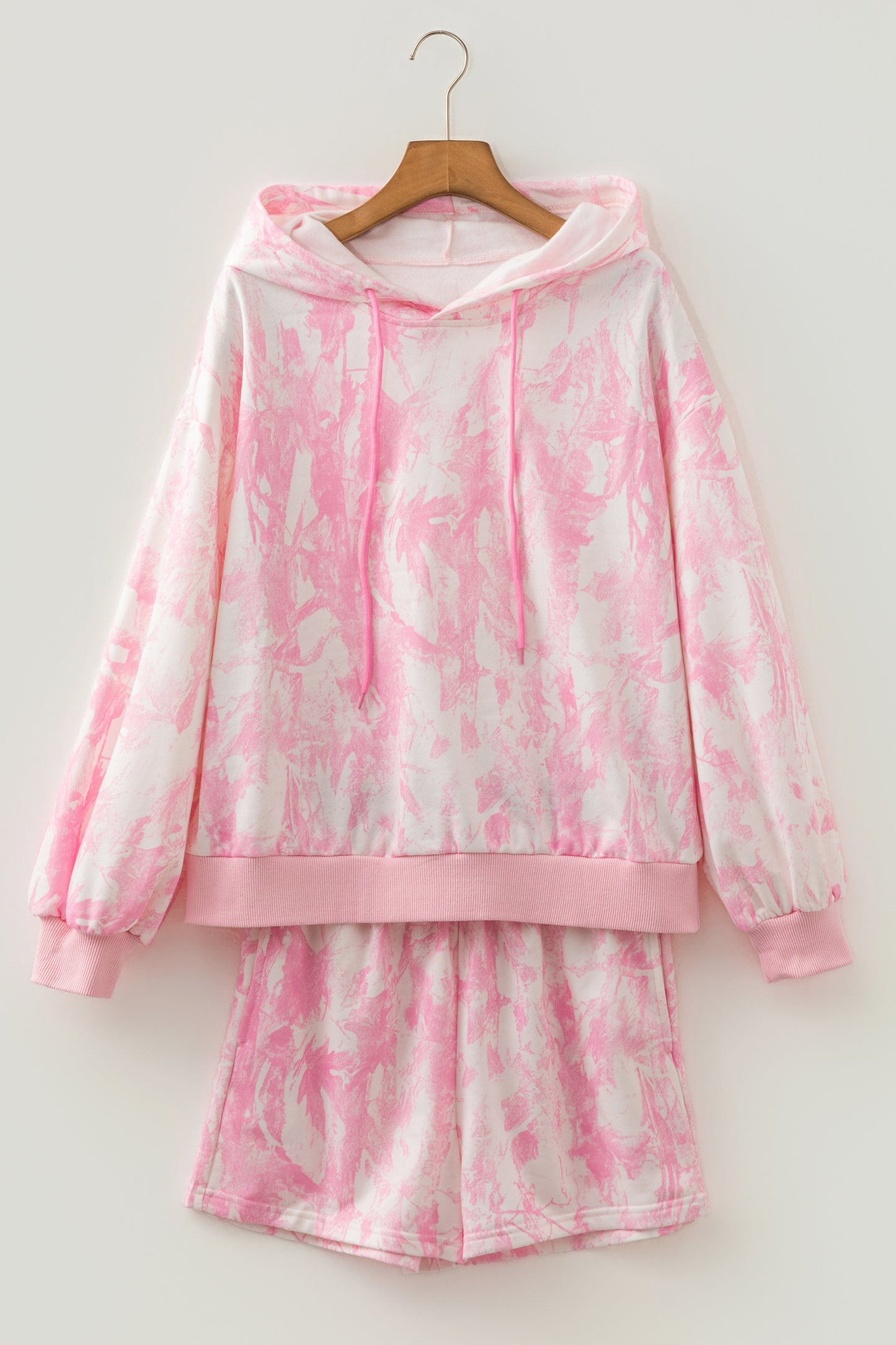Pink Abstract Print Loose Hoodie Slim Shorts 2pcs Set