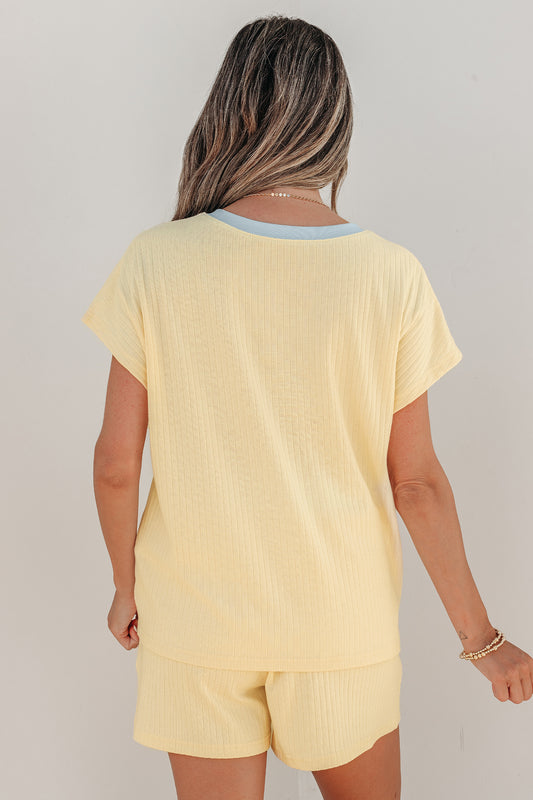 Clearly Aqua Soft Ribbed Color Block Trim Casual Short Set