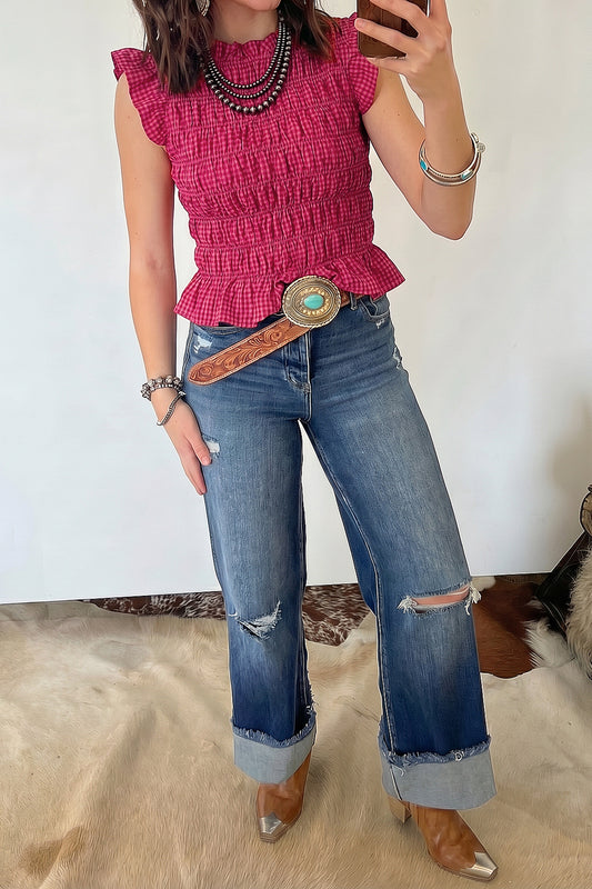 Red Plaid Shirred Ruffle Trim Tank Top