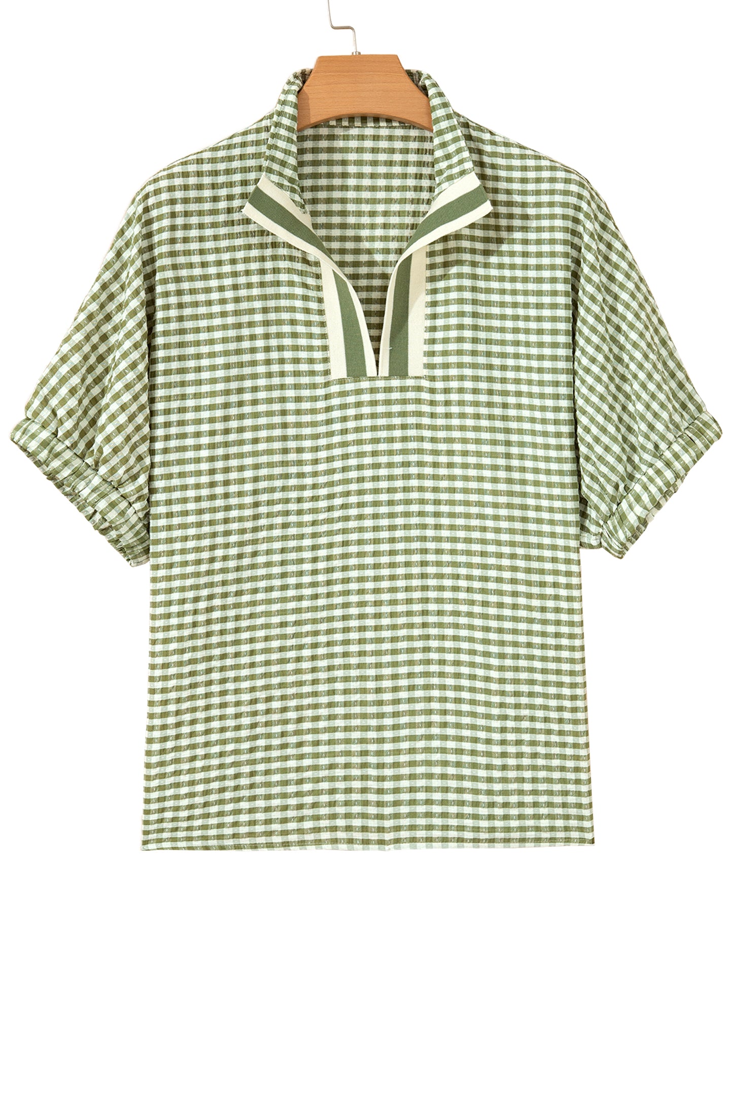 Green Plaid Short Sleeve Colorblock Trim Split Neck Blouse