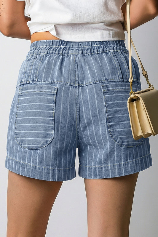 Sky Blue Stripe Drawstring Button Pleated High Waist Denim Shorts