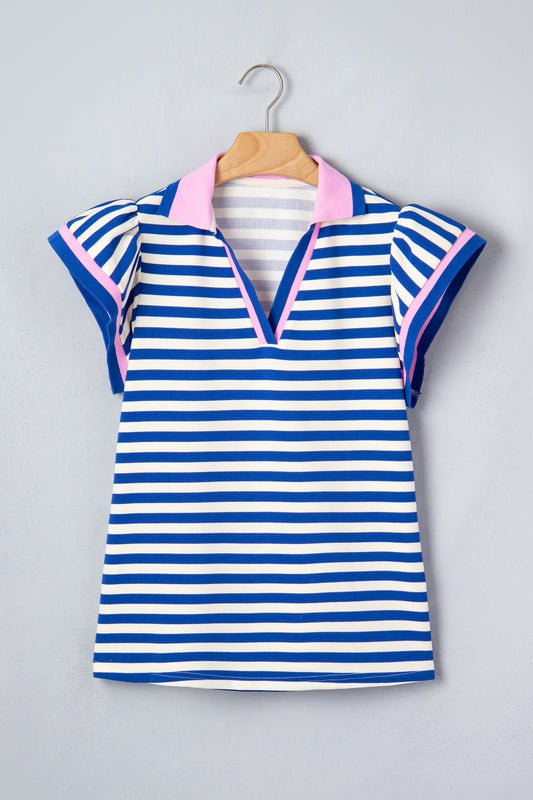 Blue Stripe Contrast Trim Polo Collar Ruffled Short Sleeve Blouse