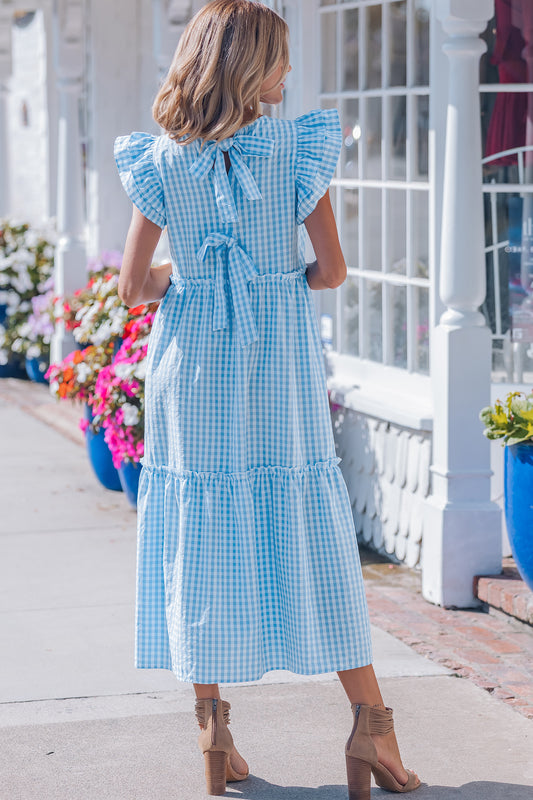 Sky Blue Knot Back Ruffled Short Sleeve Gingham Maxi Dress