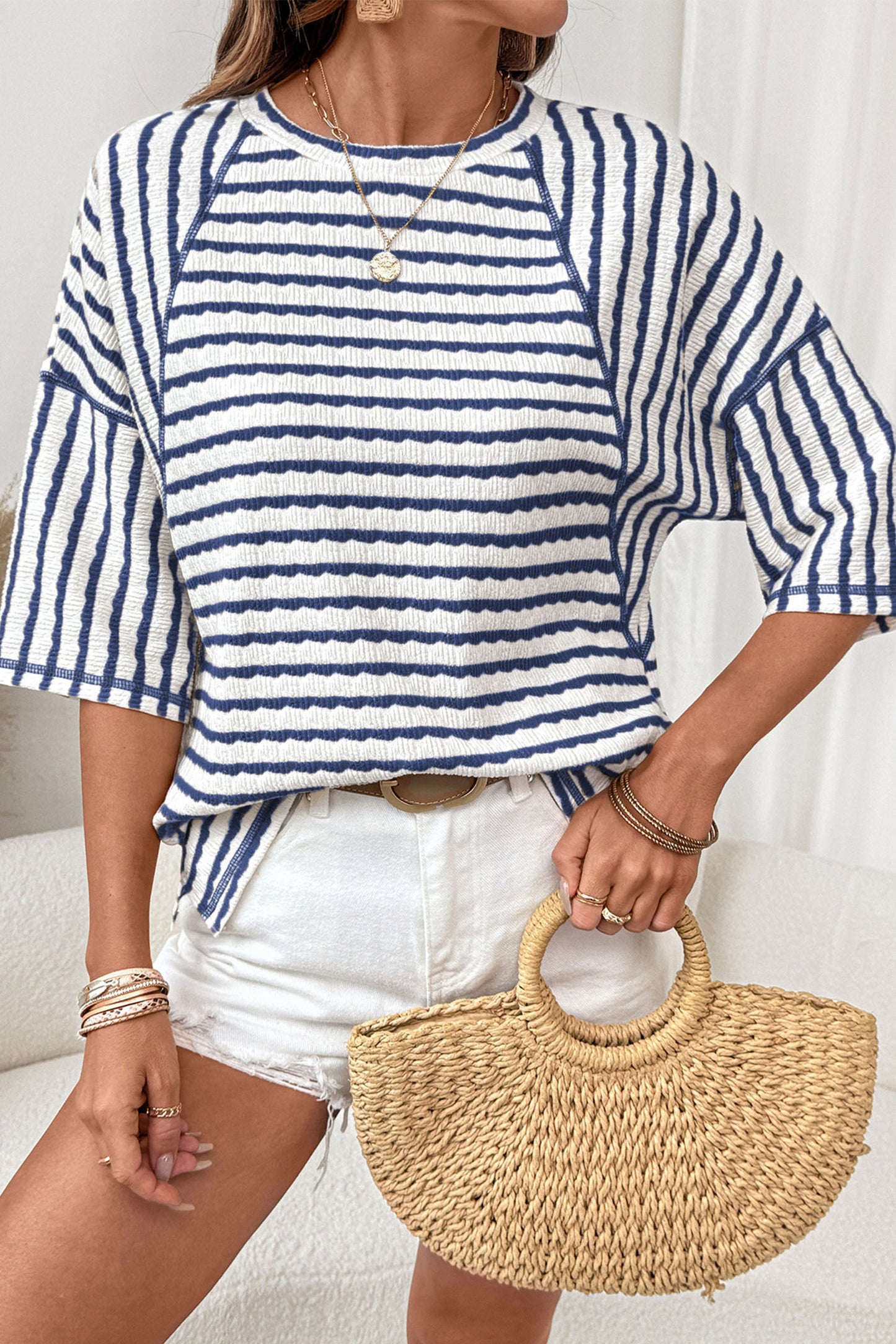 Sky Blue Stripe Textured Knit Split Hem Half Sleeve Loose Top