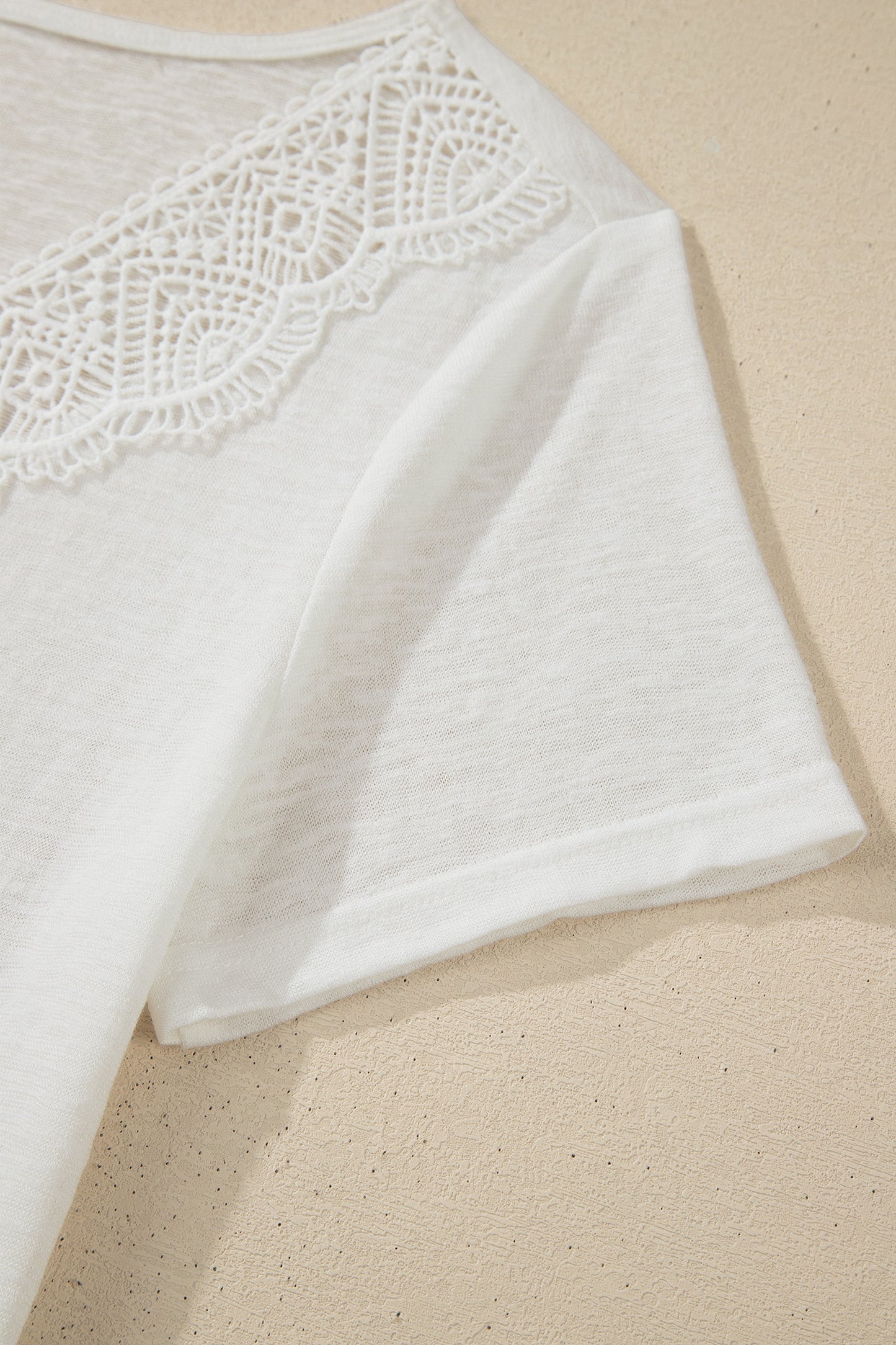 White Hollowed Lace Splicing V Neck T Shirt