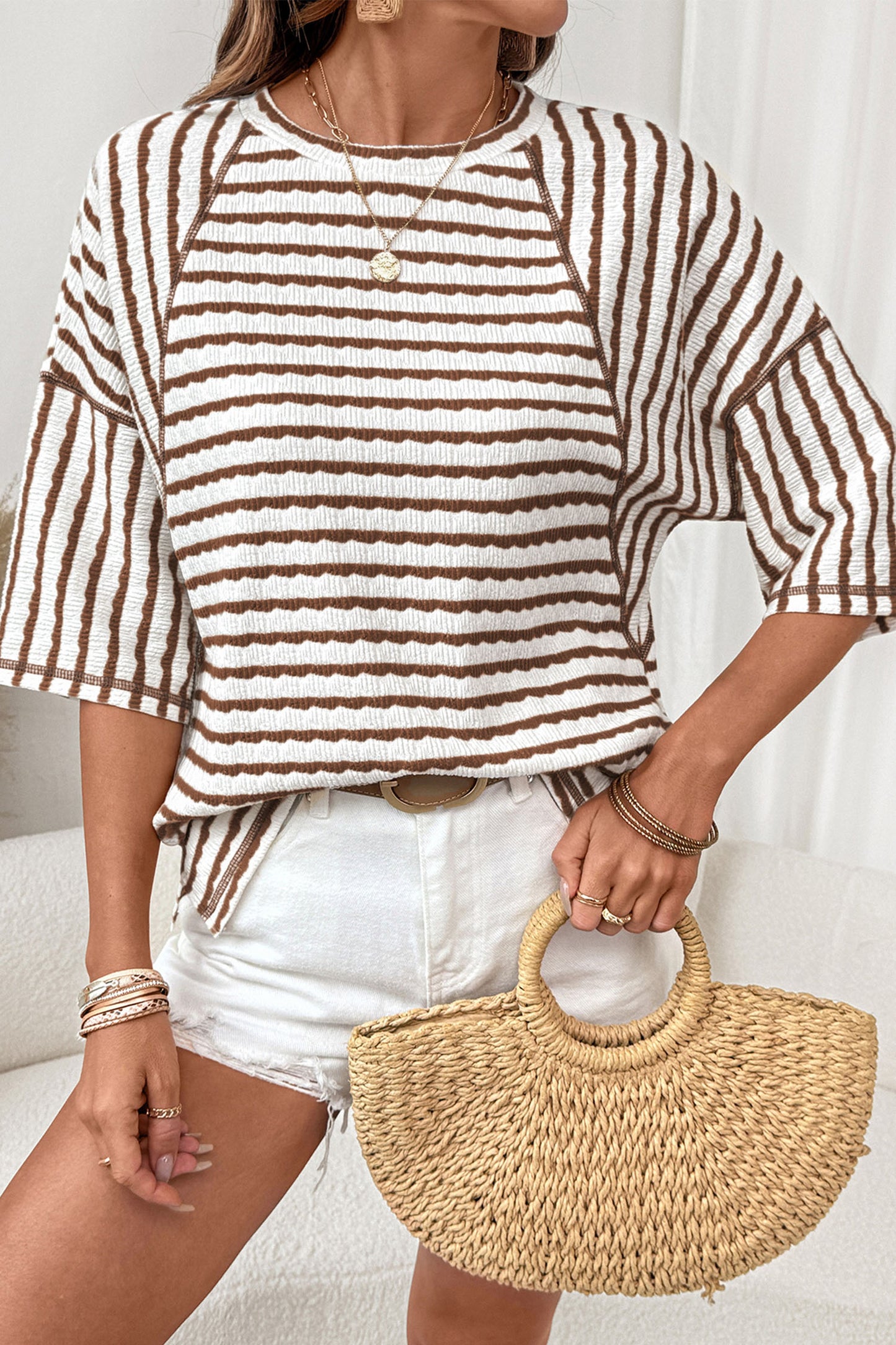 Sky Blue Stripe Textured Knit Split Hem Half Sleeve Loose Top