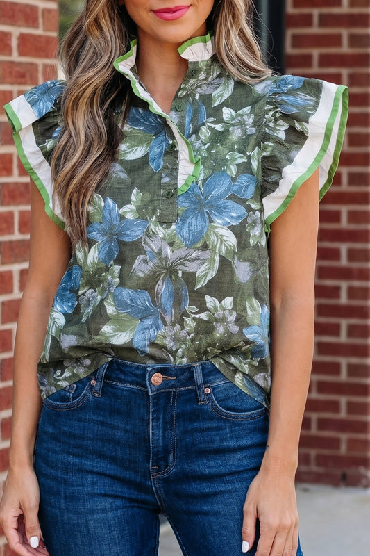 Green Ruffled Short Sleeve Floral Summer Blouse