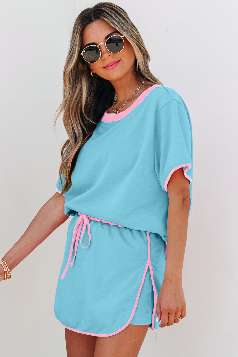 Apricot Colorblock Edge Drop Shoulder T Shirt and Skort 2Pcs Set