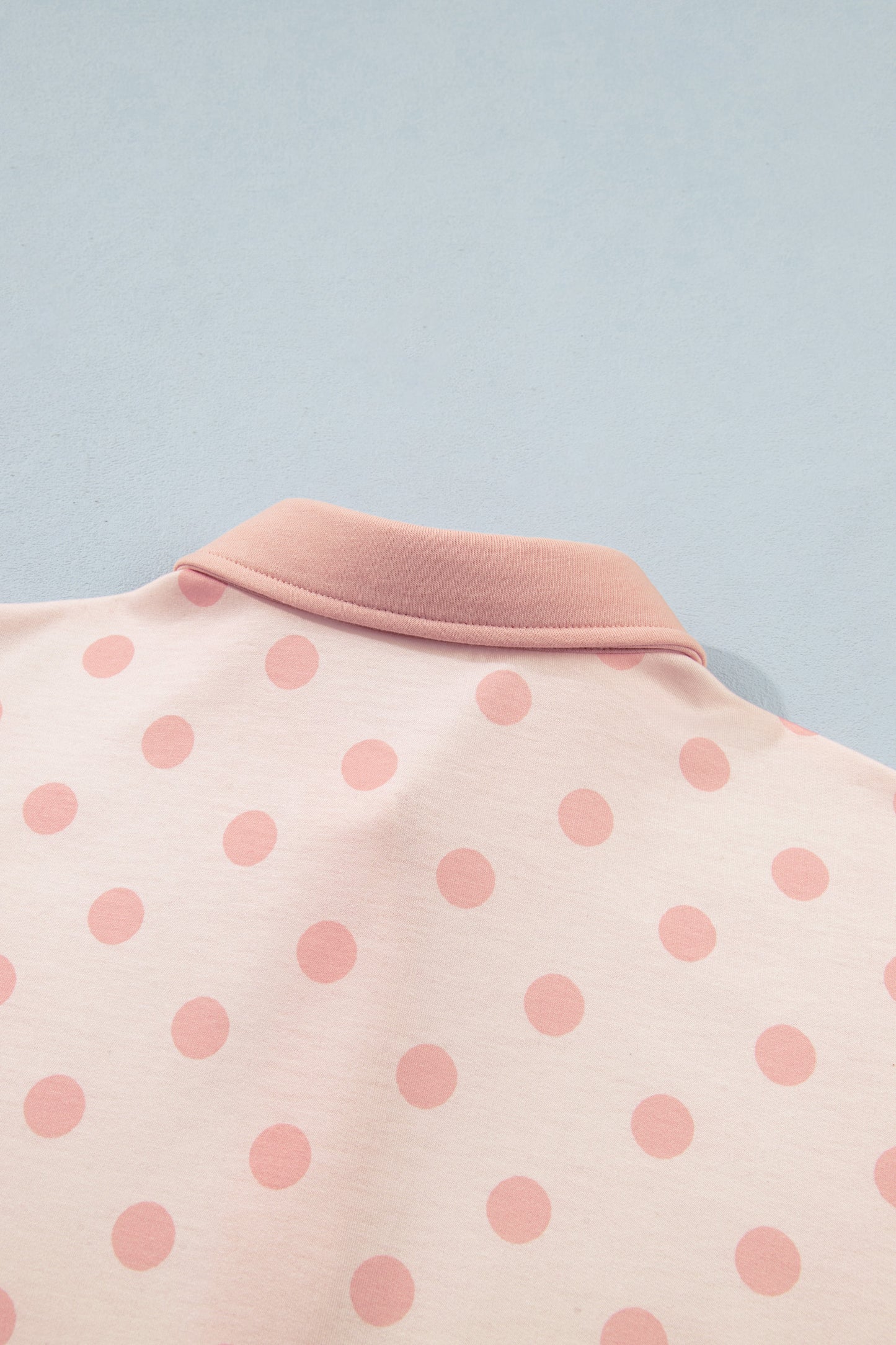 Pink Polka Dot Drop Shoulder Polo Loose Pullover Patch Pocket Casual Shorts Set