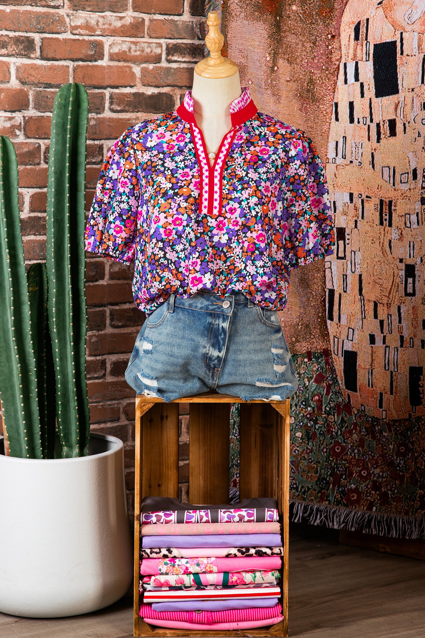 Purple Ditsy Floral Print Plaid Colorblock Trim V Neck Blouse