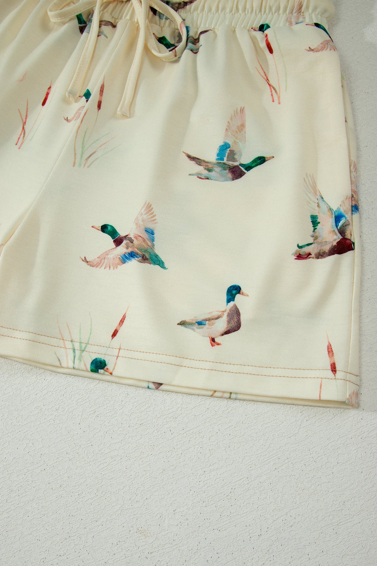 Beige Mallard Duck Print Oversized Tee Drawstring Short Set