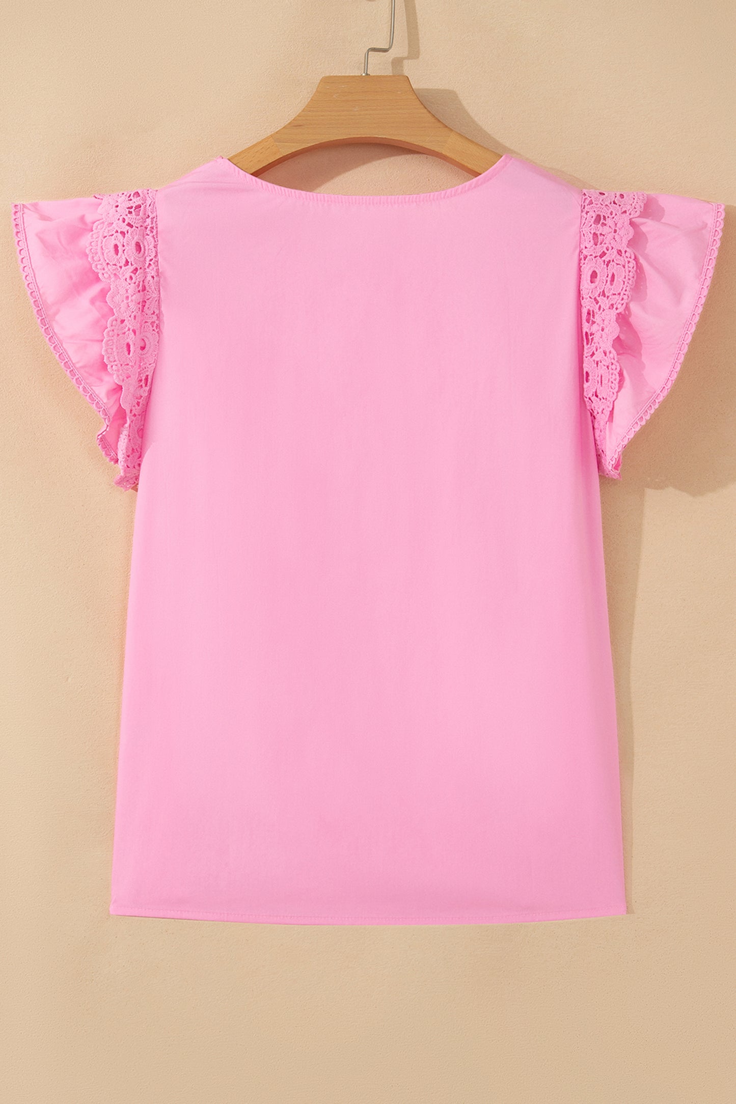 Bonbon Lace Detail Flutter Sleeve Pleated Round Neck Blouse