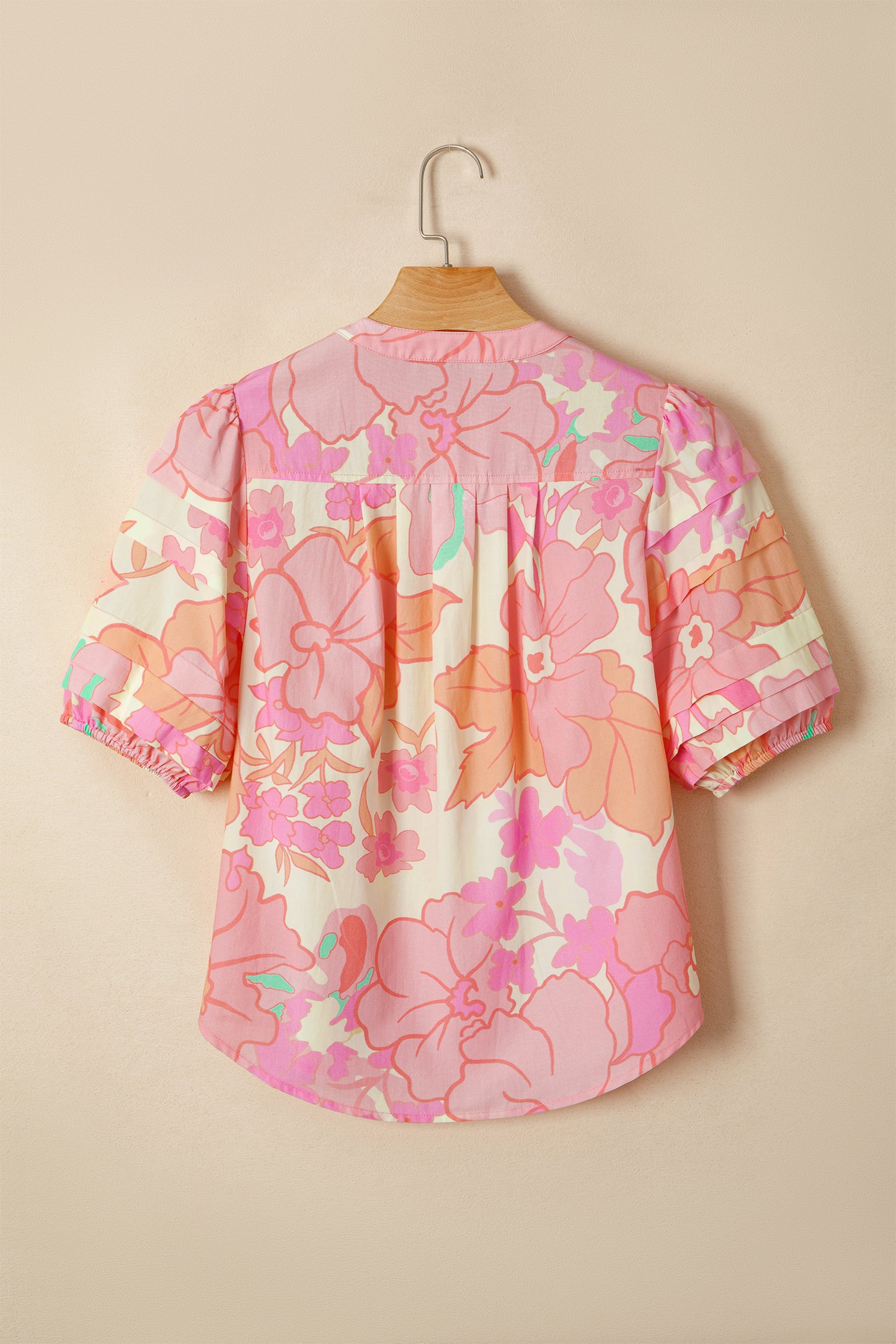 Pink Floral Print Button Down Pintuck Short Sleeve Shirt