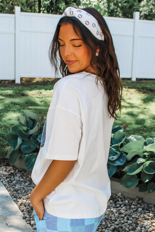 White Color Block Chest Pocket Patched Casual Short Sleeve Top