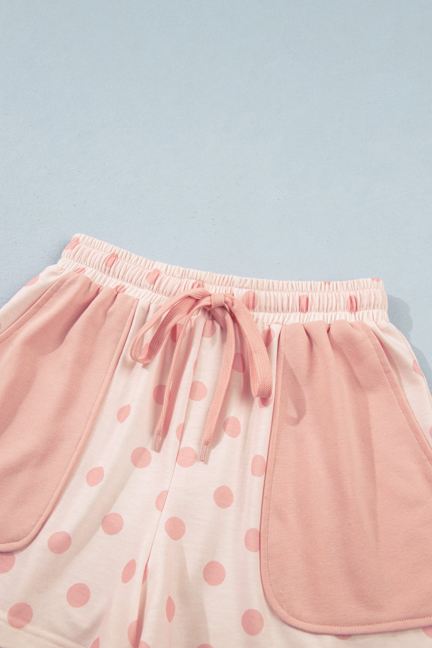Pink Polka Dot Drop Shoulder Polo Loose Pullover Patch Pocket Casual Shorts Set