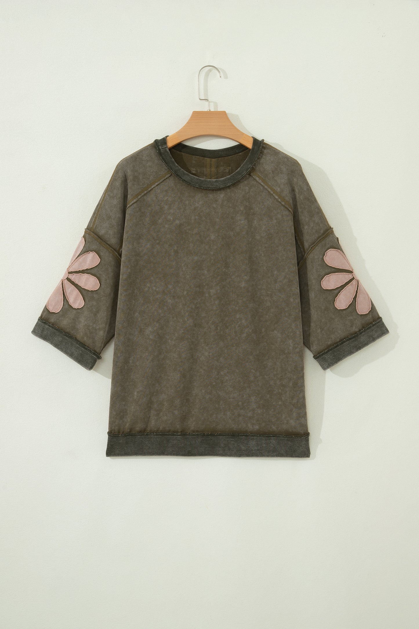 Breen Mineral Wash Raw Seam Patchwork Flower Patched 3/4 Sleeve Oversize Top