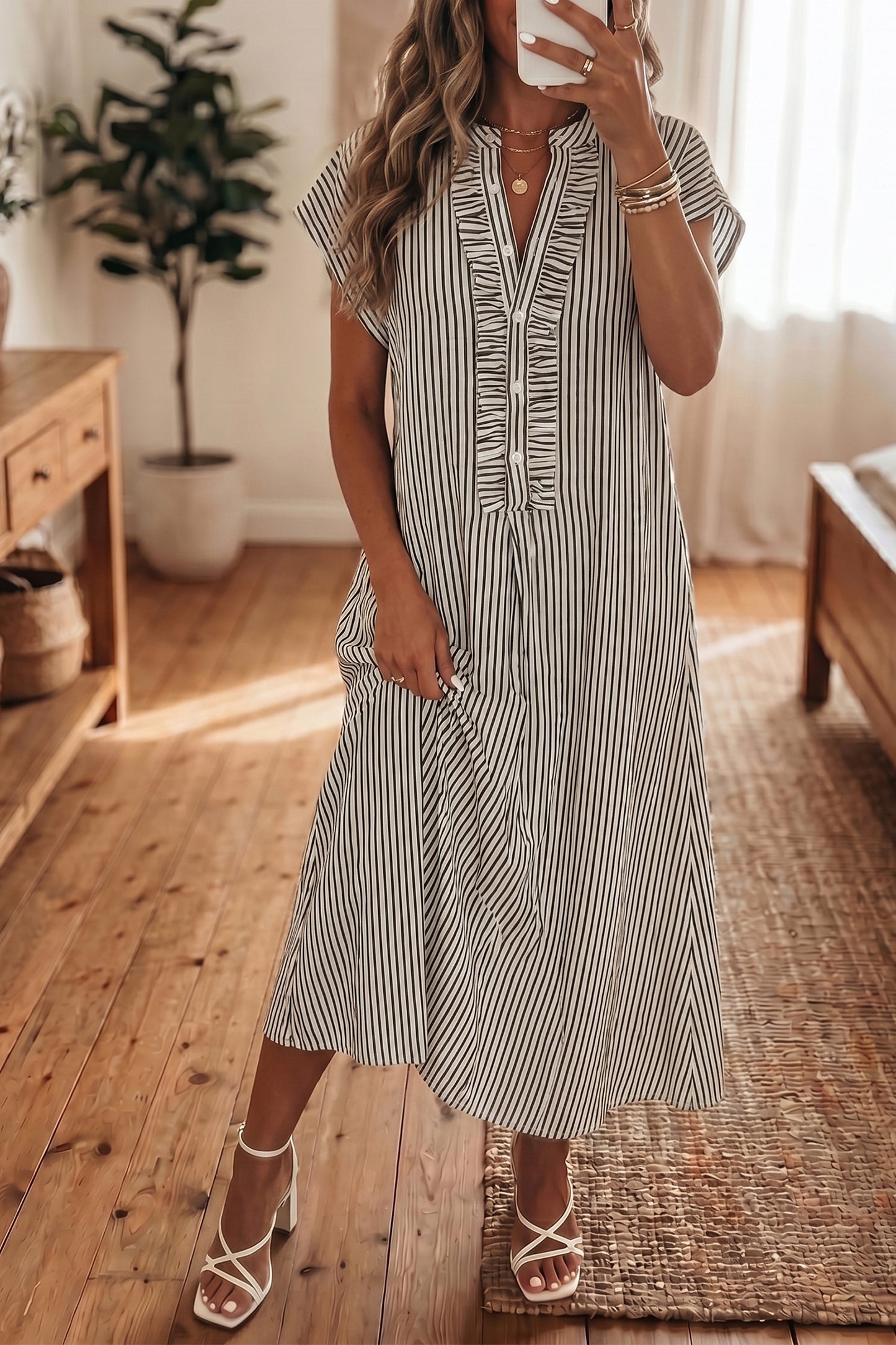 Red Stripe Frilled Detail Half Buttons Short Sleeve Long Dress