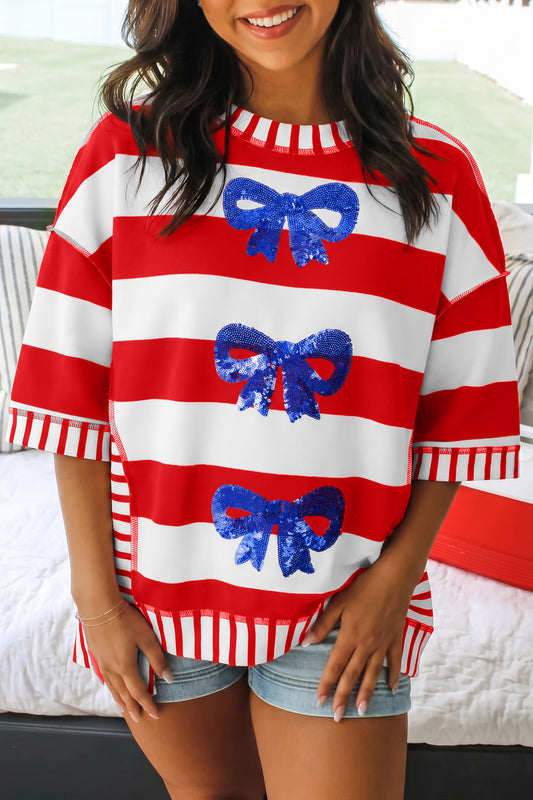 Red Stripe Sequin Bow Patriotic Half Sleeve Top
