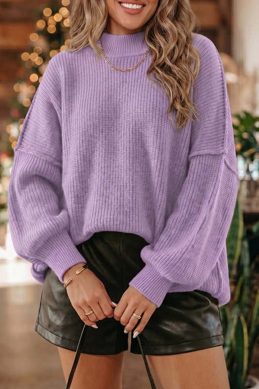 Orchid Bouquet Solid Color Mock Neck Oversized Tunic Sweater