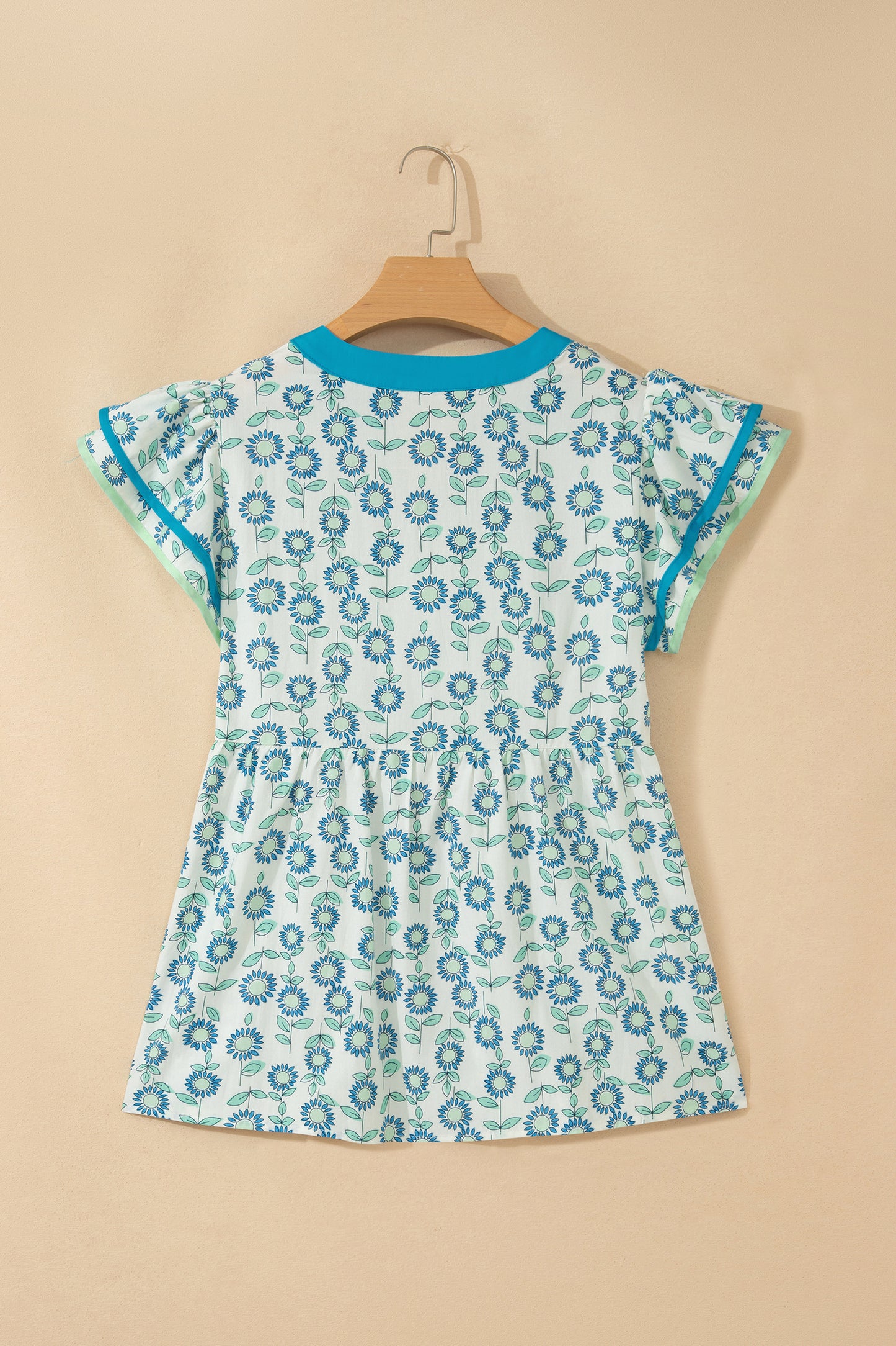 Green Sunflower Printed Contrast Trim V Neck Flutter Sleeve Blouse