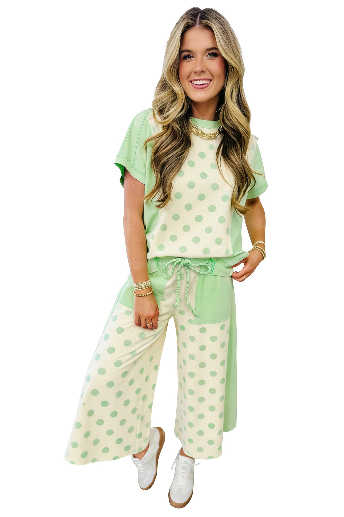 Yellow Color Block Patchwork Polka Dot Wide Leg Pant Set