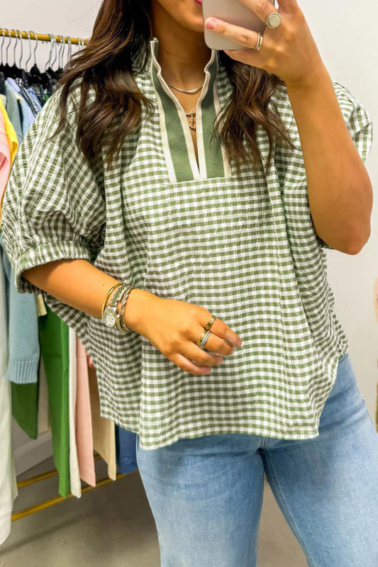 Green Plaid Short Sleeve Colorblock Trim Split Neck Blouse