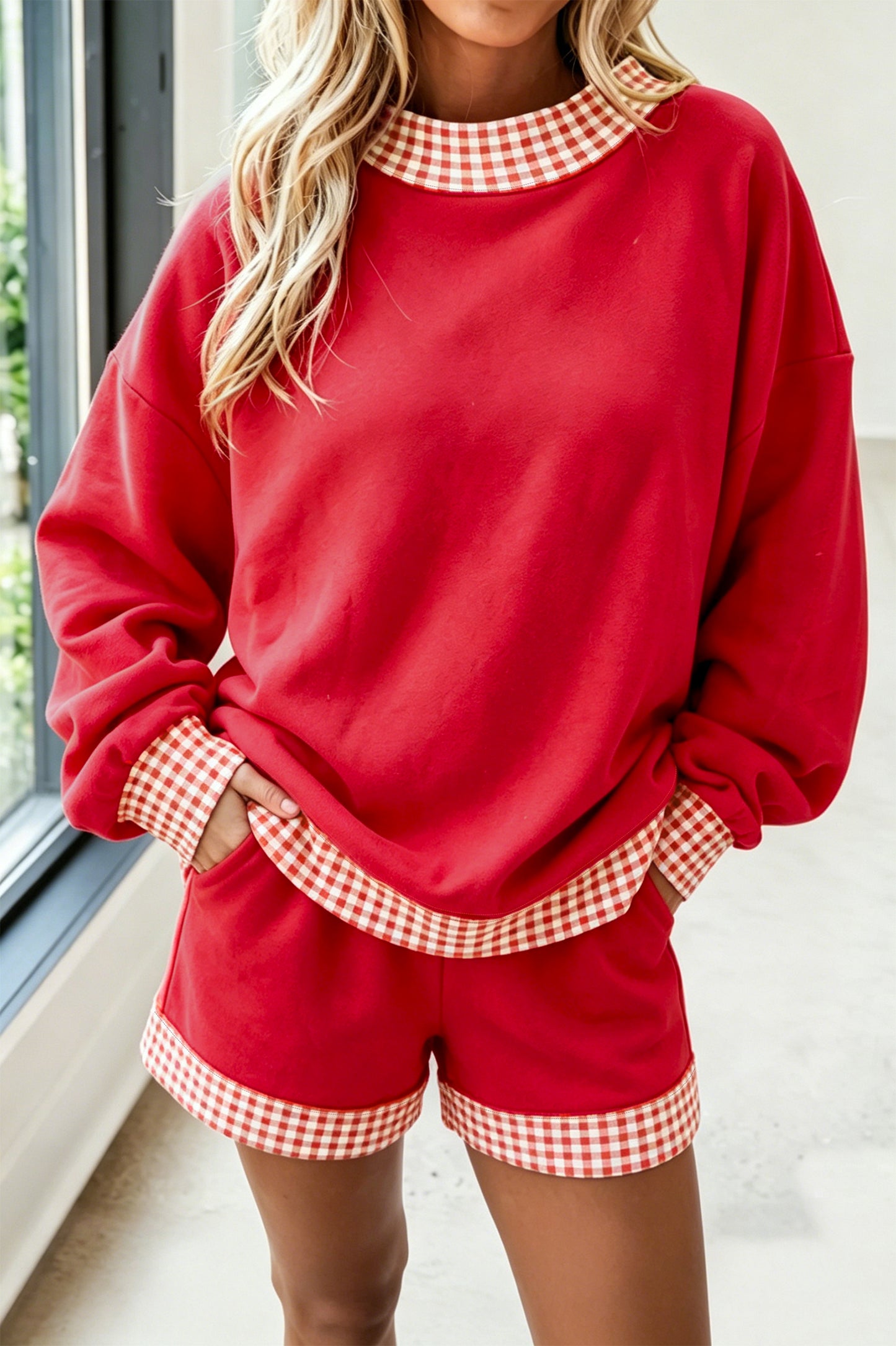 Fiery Red Gingham Trim Baggy Pullover 2pcs Short Set