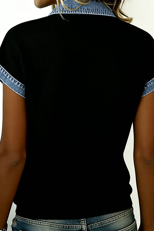 Black Textured Knit Denim Color Block Patchwork Collar Button Down Shirt
