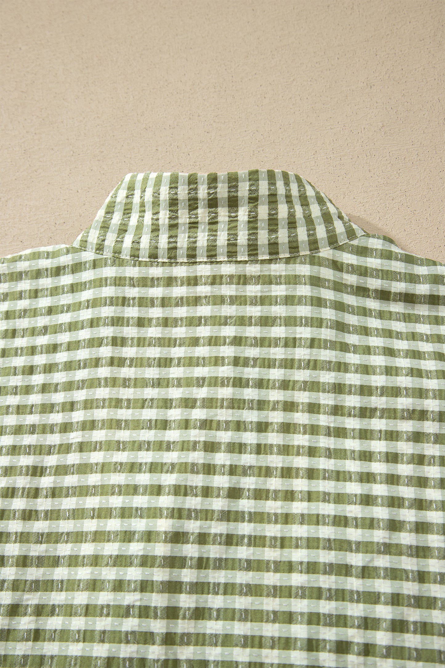 Green Plaid Short Sleeve Colorblock Trim Split Neck Blouse