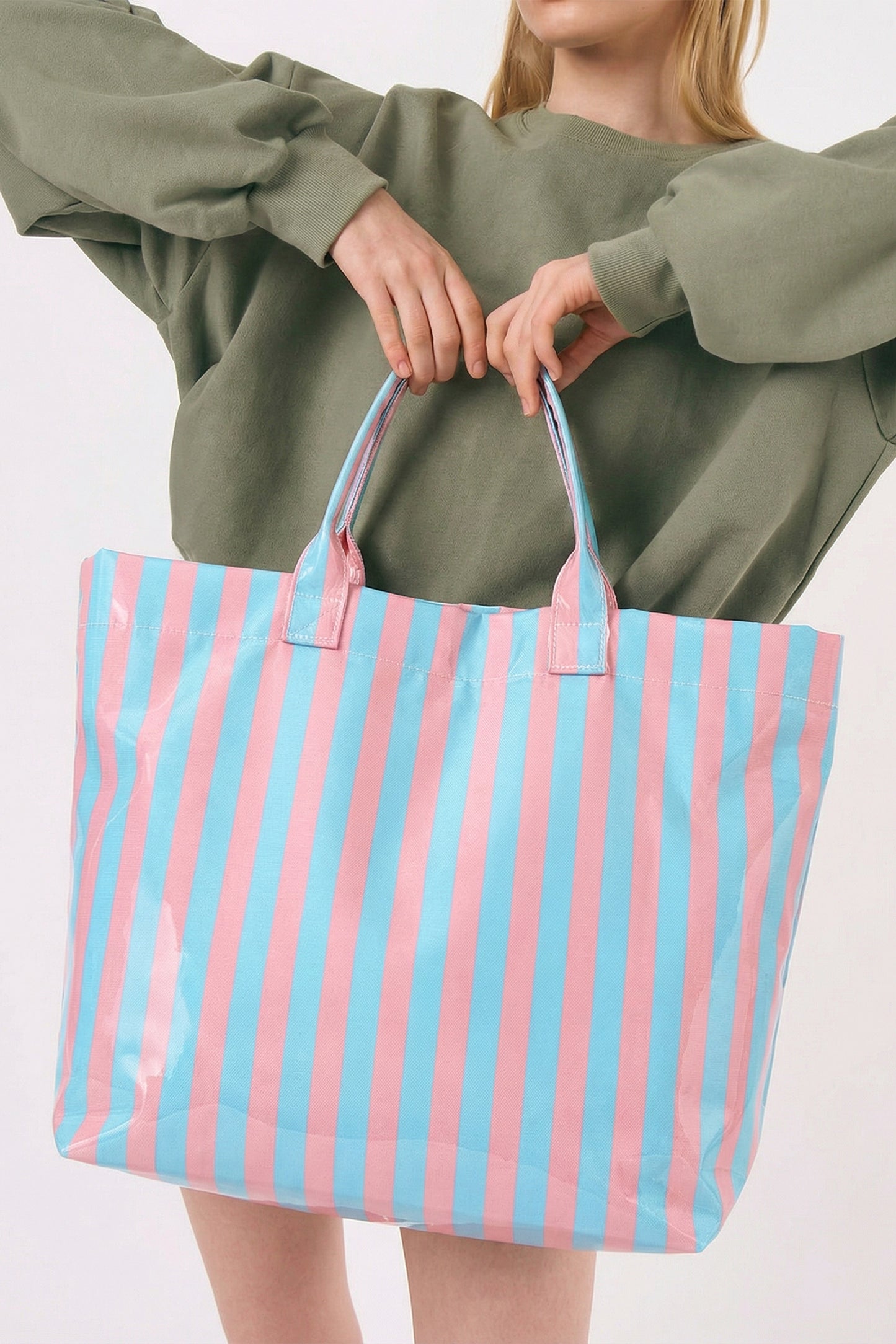 Rose Red Glossy Striped Vinyl Large Tote Bag
