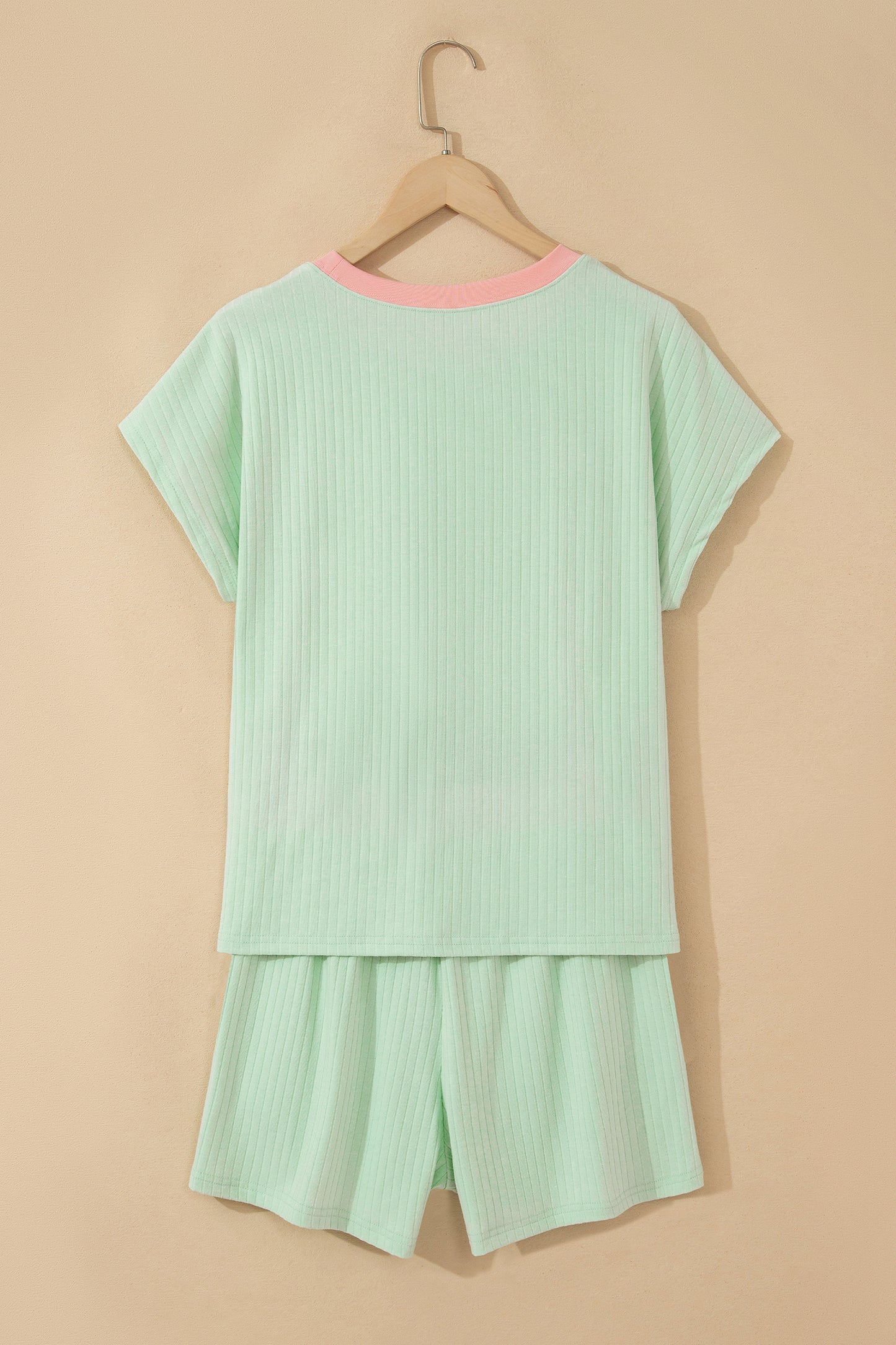 Clearly Aqua Soft Ribbed Color Block Trim Casual Short Set