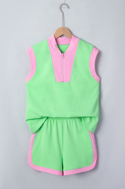 Green Color Block Accent Half Zip Top Athleisure Shorts Set