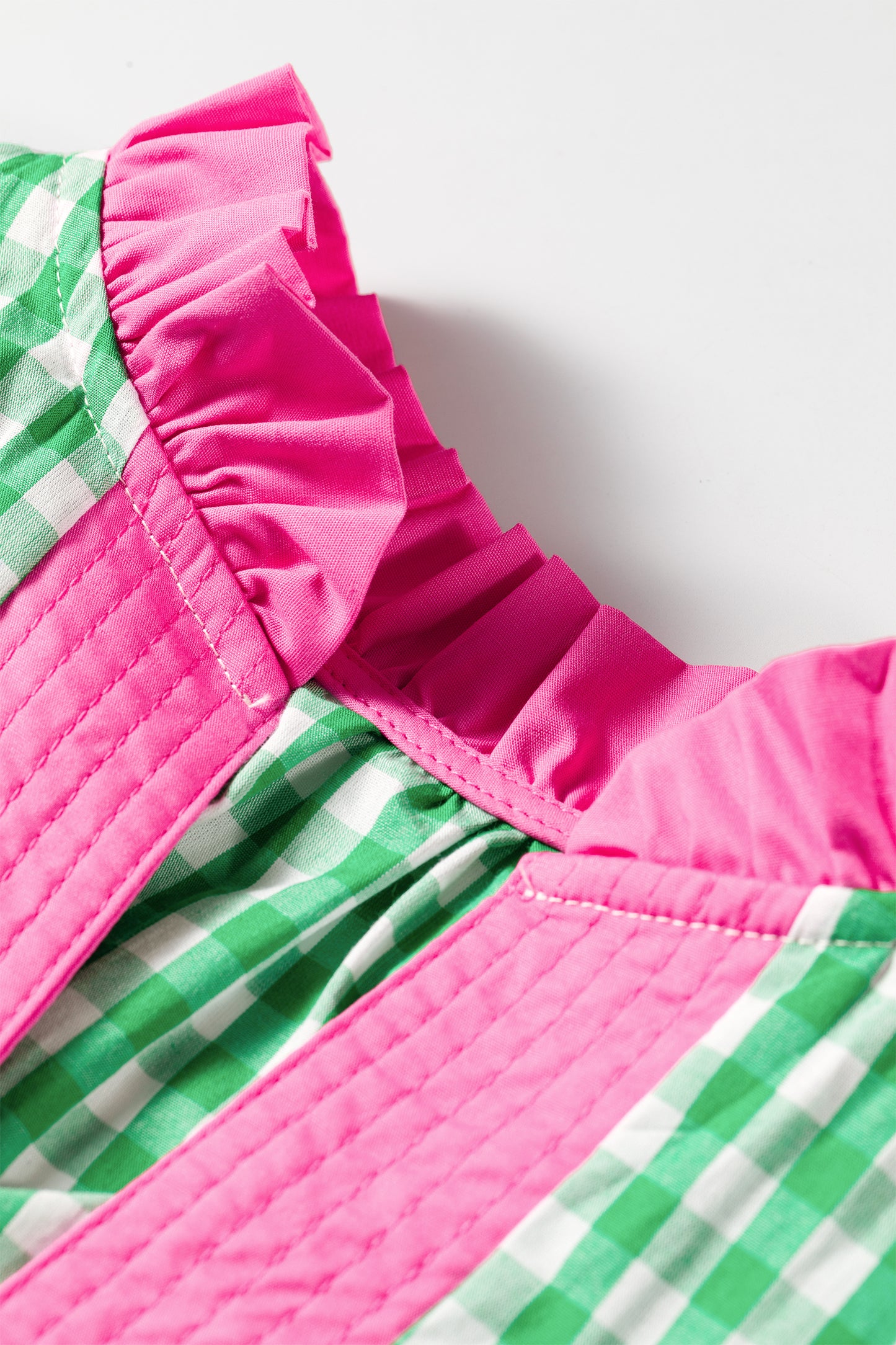 Green Gingham Plaid Bubble Sleeve Colorblock Trim V Neck Blouse