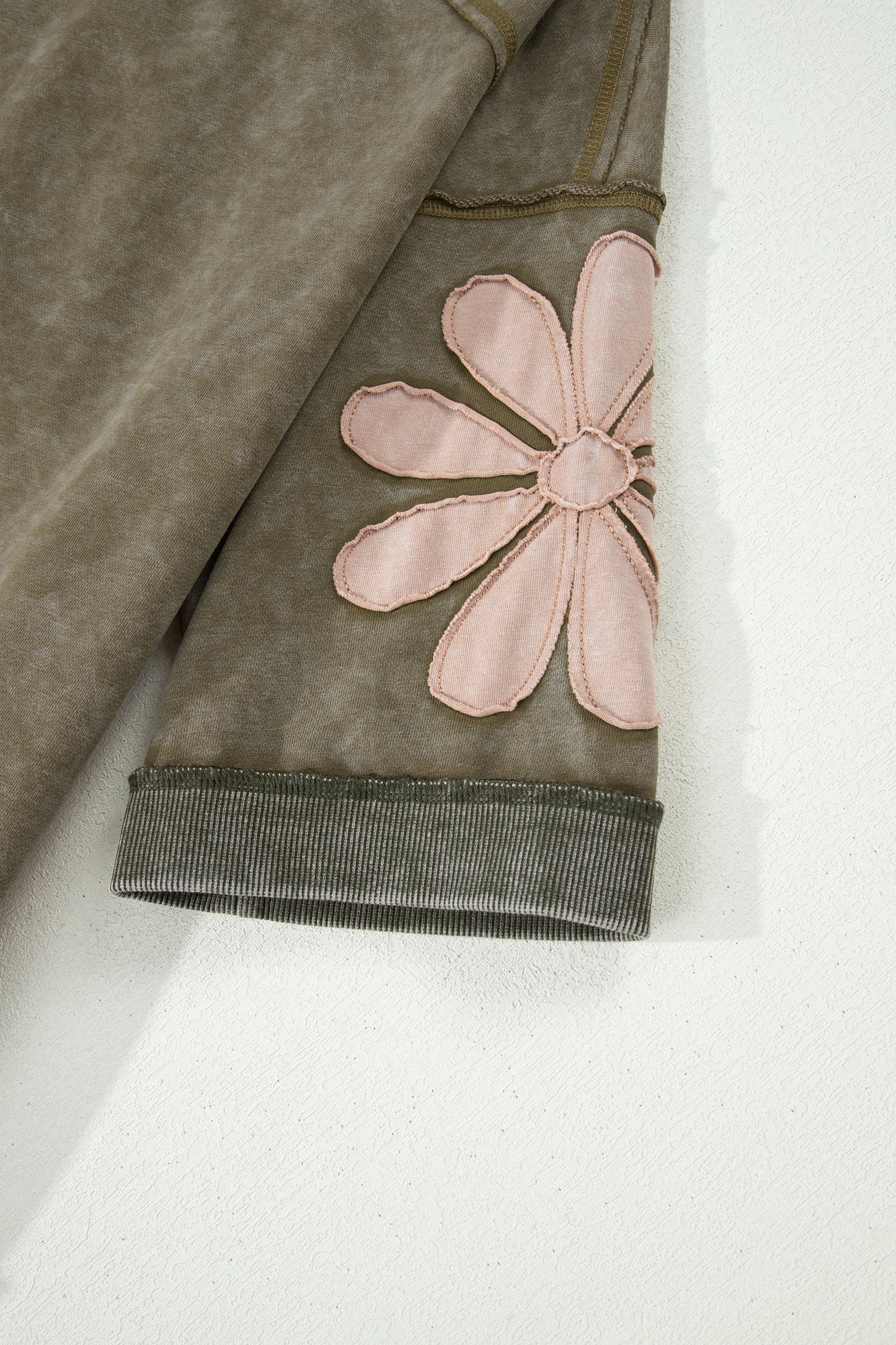 Breen Mineral Wash Raw Seam Patchwork Flower Patched 3/4 Sleeve Oversize Top